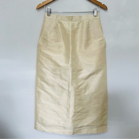 VINTAGE | Ivory Taffeta Satin Pencil Button Down Split Side High Rise MIDI Skirt - Picture 6 of 10